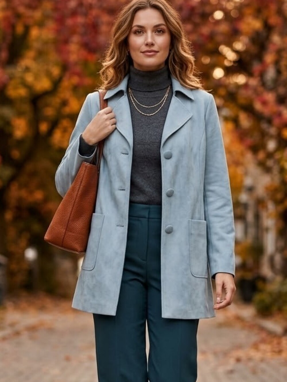 Magaschoni Women's Size Large Light Blue Faux Suede Career Wear Button Long Coat
